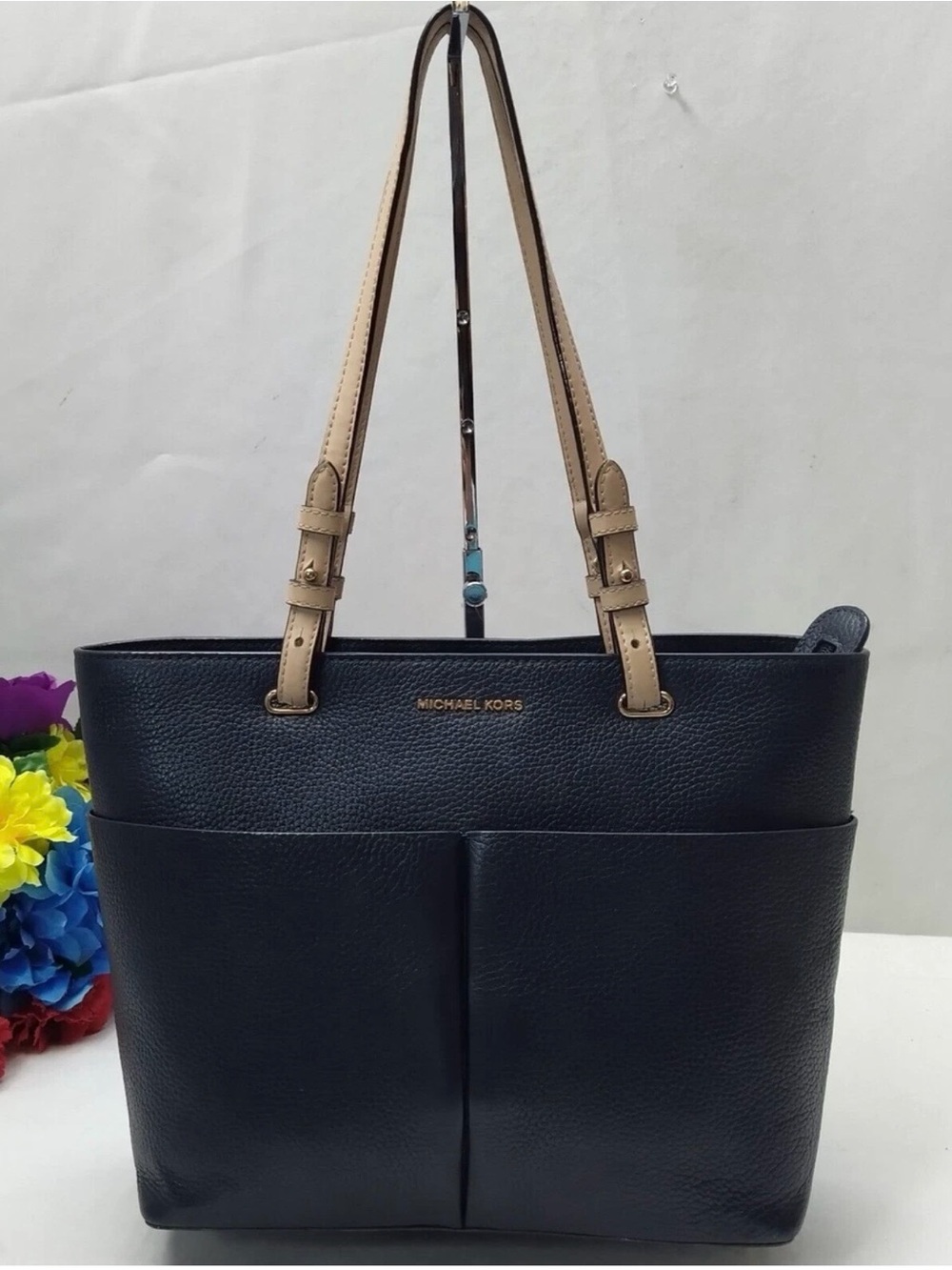 Michael Kors Black Leather Tote with Tan Straps